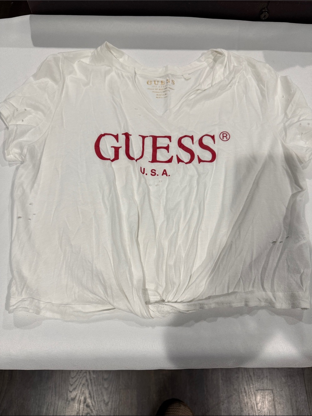 GUESS White Short Sleeve distressed Tee with Red Logo Twist Front